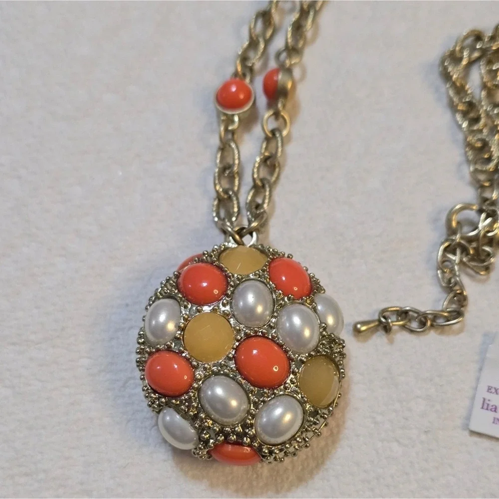 Lia Sophia Coral White‎ Amber Cabochon Domed Pendant Long Gold Tone Necklace NEW